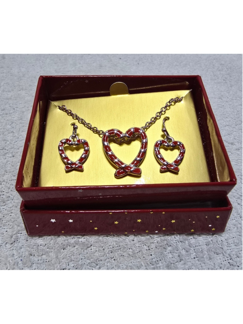 Women's Avon Candy Cane Heart Necklace and Earring Set, One Size, Red/Silver